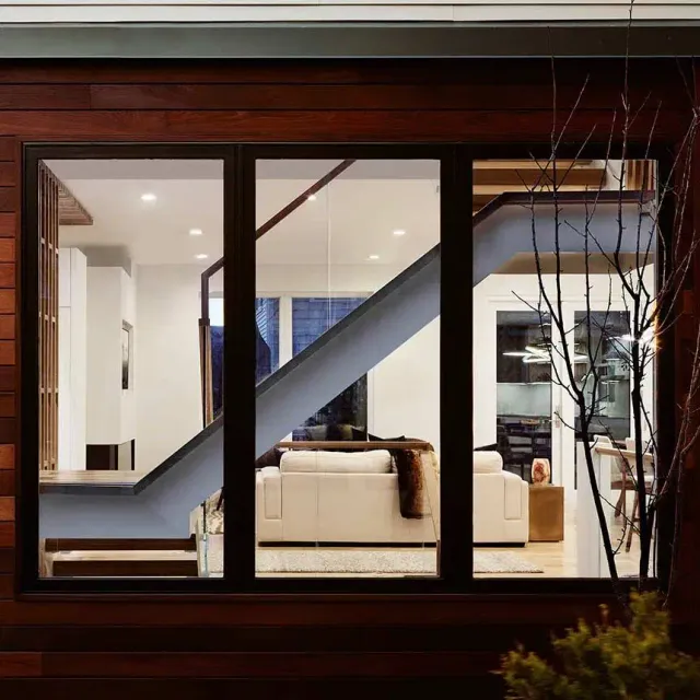 wood, glass, metal staircase