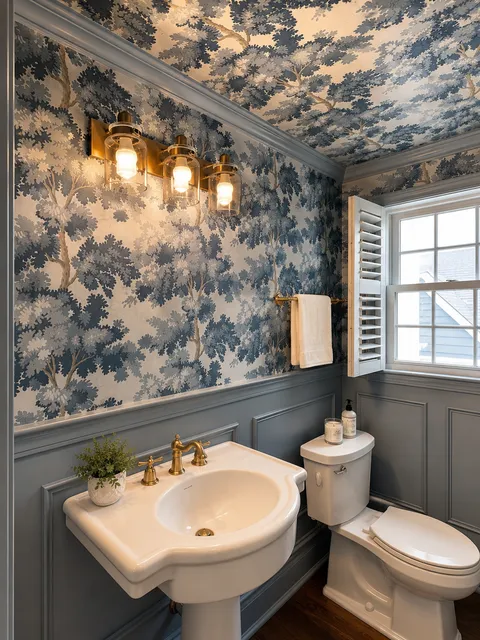 Professionally installed wallpaper in a Massachusetts powder room