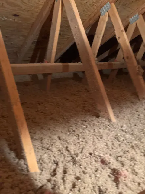 Insulated attic with wooden roof trusses and exposed beams under plywood roof decking
