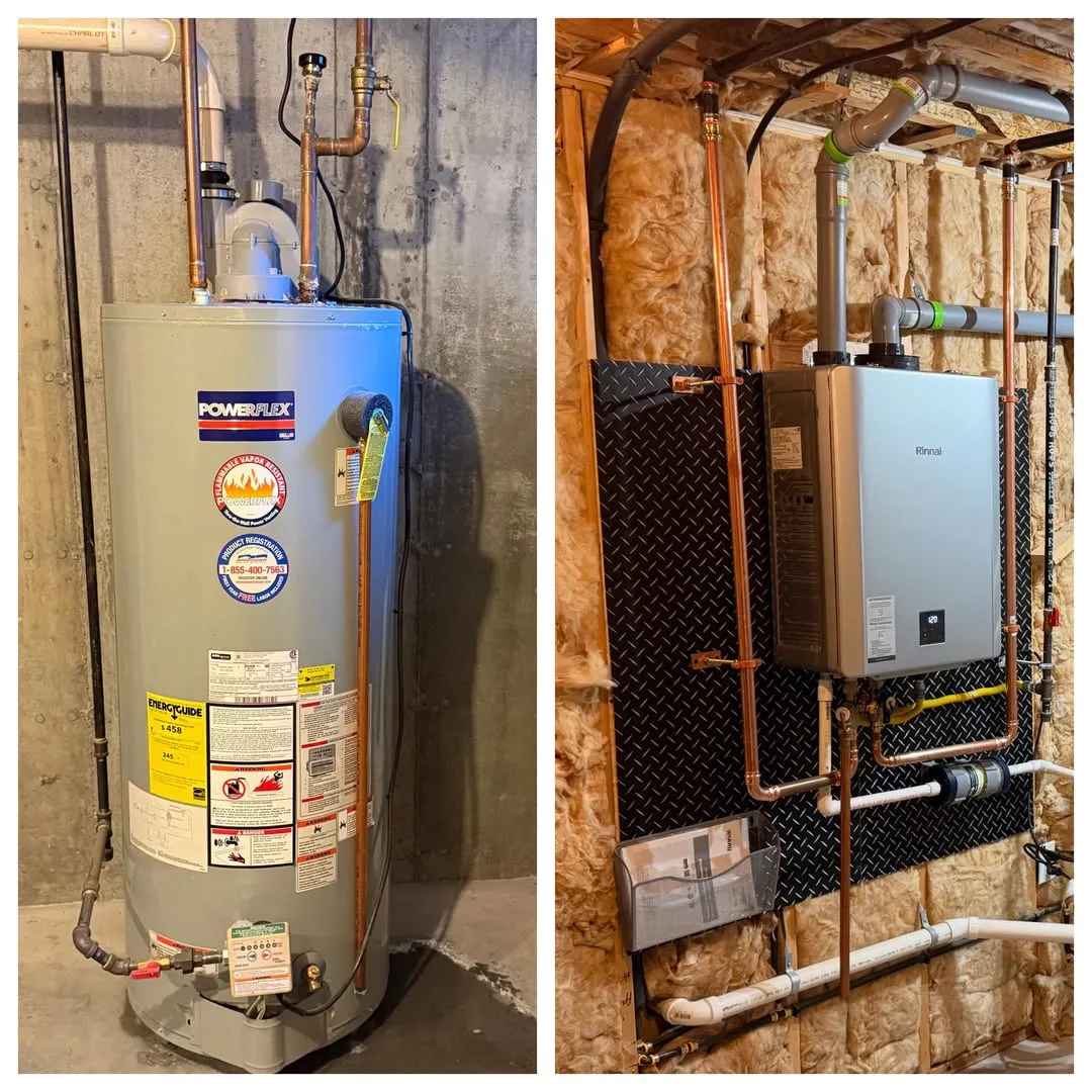 Before and after: tank water heater replaced with a Rinnai tankless unit