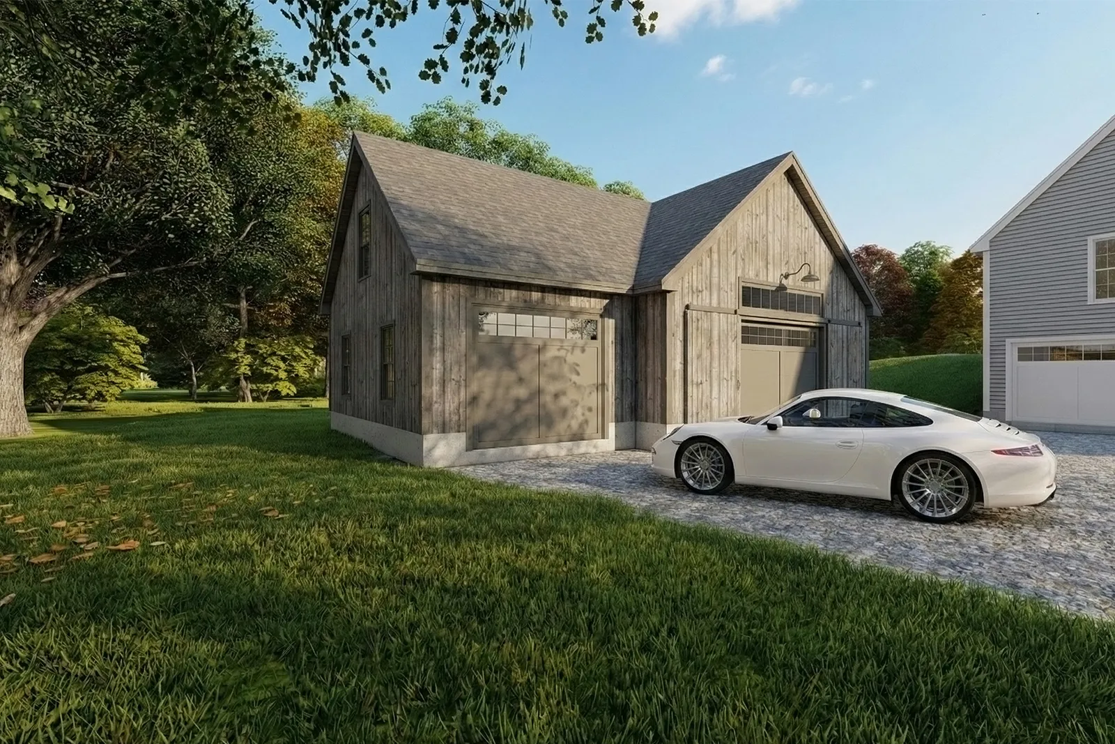 Deer Run detached garage new build in Southern New Hampshire — entertainment space with bar and covered porch by Oak Hill Design & Build