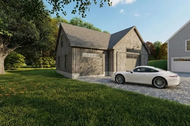 Deer Run detached garage new build in Southern New Hampshire — entertainment space with bar and covered porch by Oak Hill Design & Build