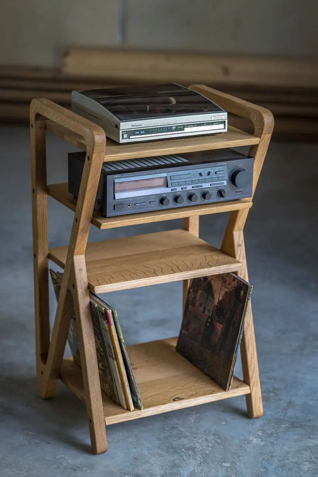 white oak reclaimed wood solid hardwood record player with shelves, mid-century modern design, Scandinavian, japanese, handcrafted, New England woodworking, massachusetts woodworking, Walpole ma, handcrafted, furniture custom build
