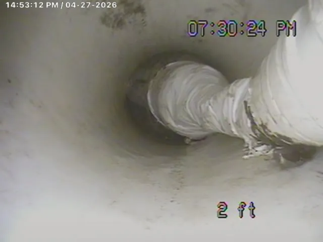 PipePatch spot repair installed at 2 ft: fiberglass sleeve fused to the host pipe, sealing a cracked joint without digging up the yard. Trenchless, permanent.