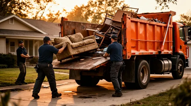 Junk removal crew loading truck at sunset
