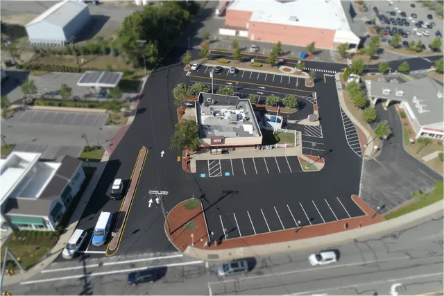 An aerial view of a parking lot.