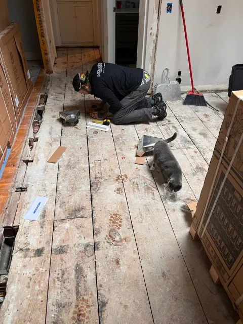 A man is kneeling on a wooden floor next to a cat.