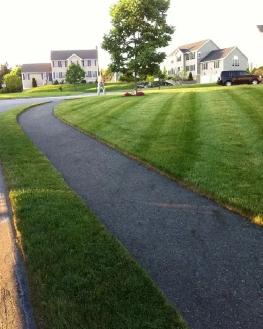 Curved paved path through a suburban neighborhood with green lawns and houses in the background