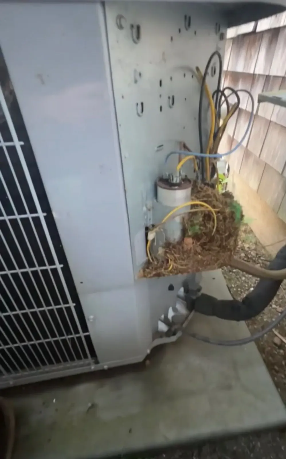 Outdoor AC unit with exposed wires and a bird nest lodged on the side near the wall.