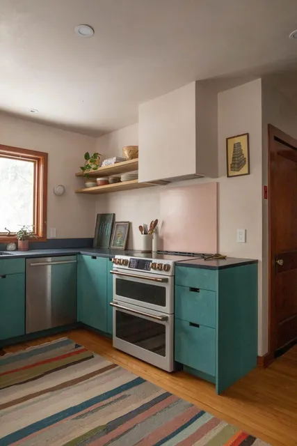 teal plywood modern cabinets exposed edge mcm