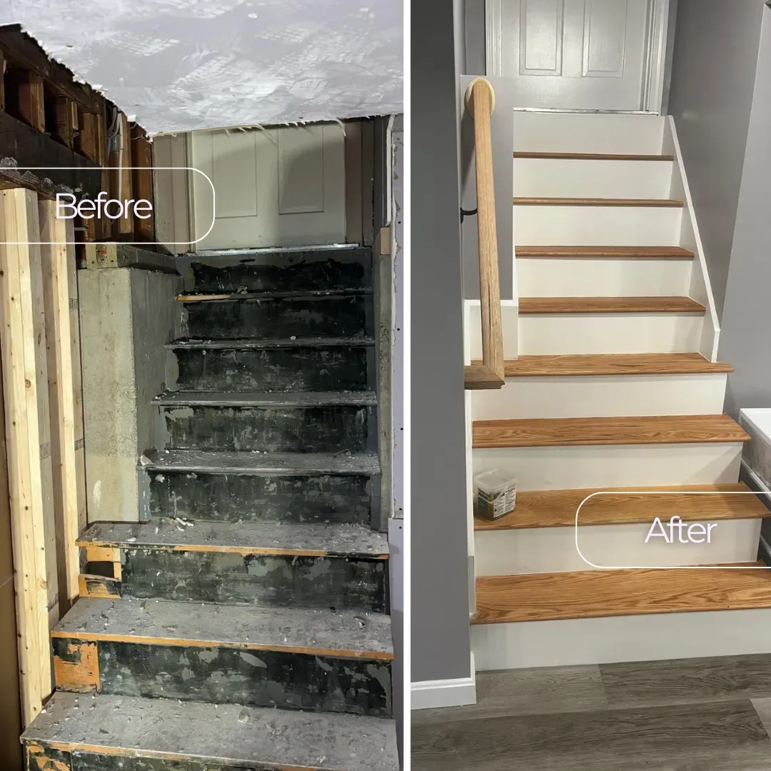 Before and after staircase renovation with white risers and oak treads in Somerville, MA — Tinbercraft Construction