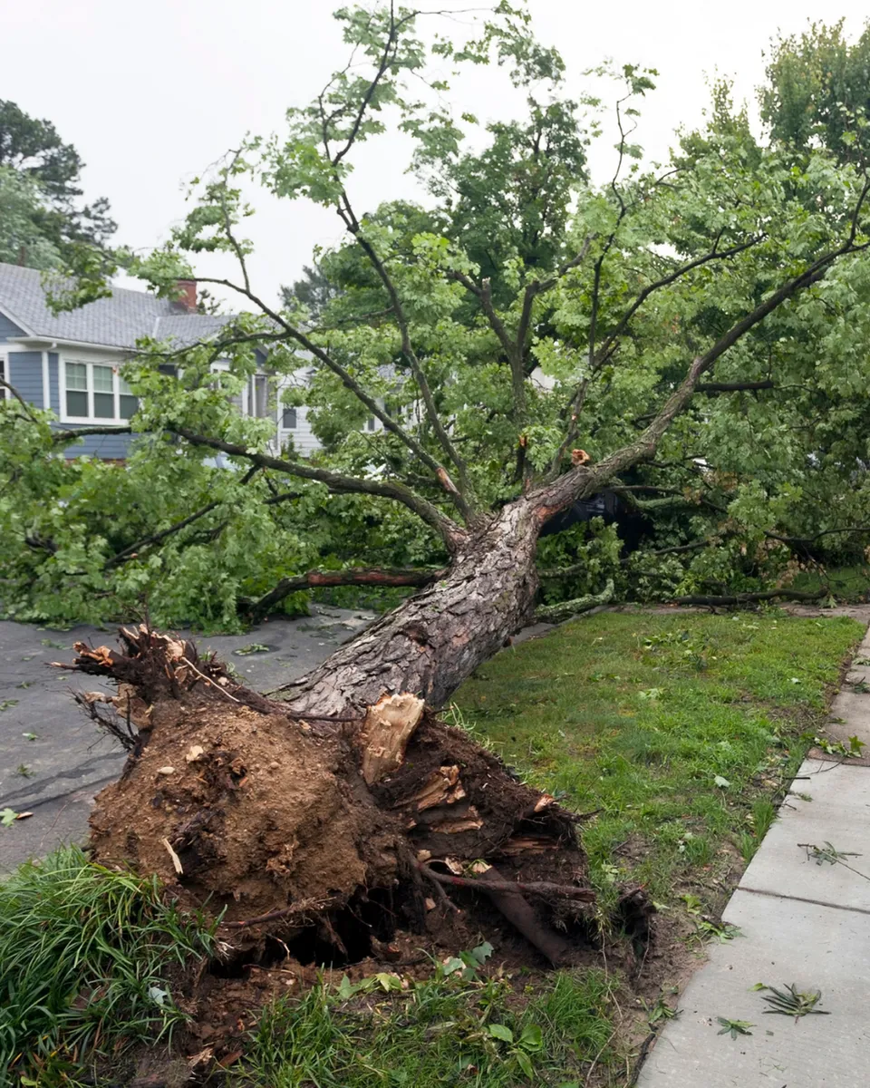 Storm-damaged tree completely uprooted and fallen across residential street showing exposed root system