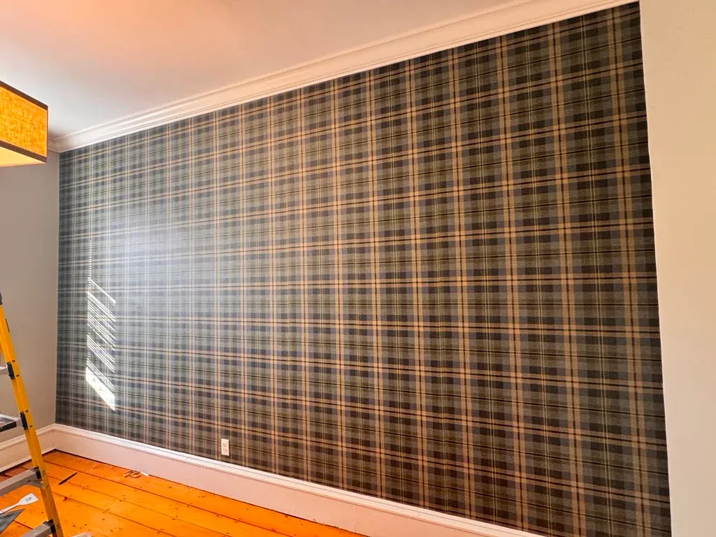 Full plaid accent wall wallpaper installation