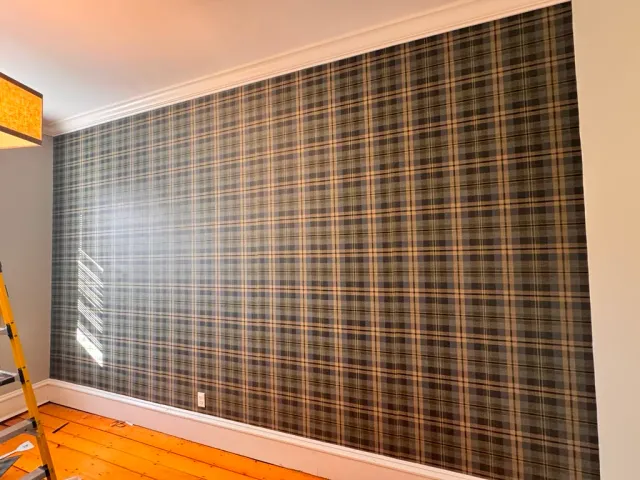 Full plaid accent wall wallpaper installation