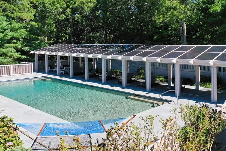 Solar pergola in the pool area. A clever way to incorporate solar at your home.