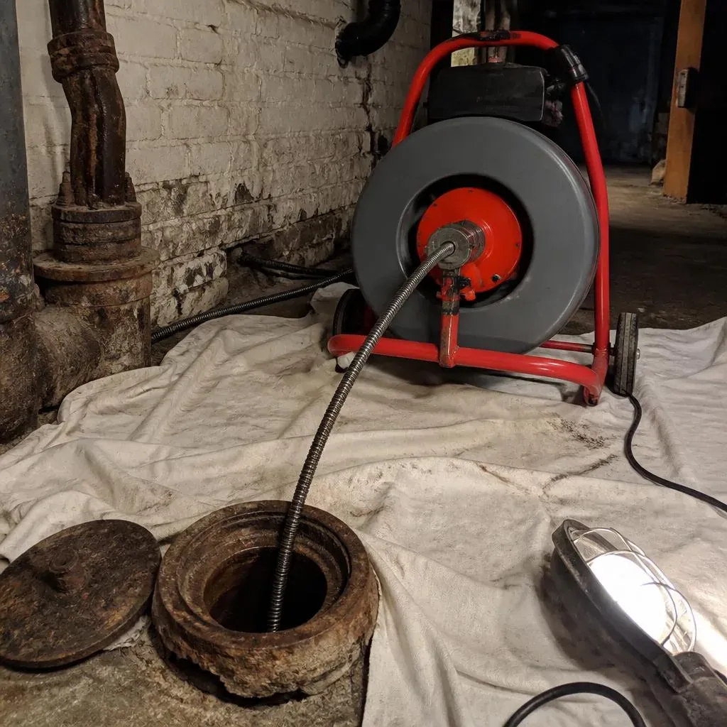 Powered drum auger cabling a cast iron floor cleanout in a basement