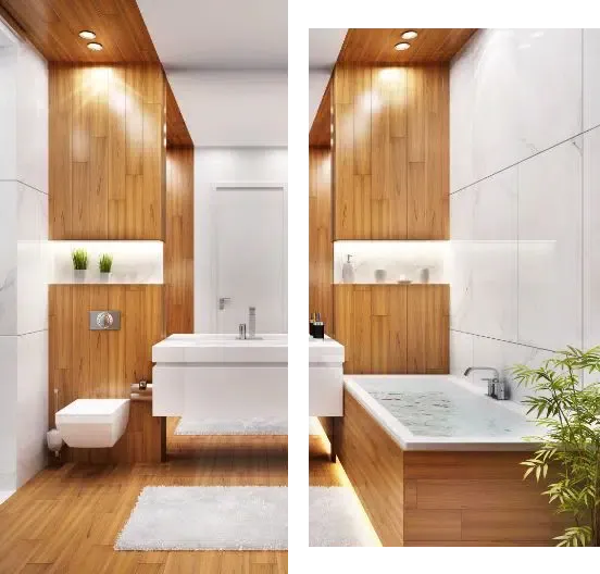 Modern bathroom remodel in an NH home featuring warm wood accents, clean white wall tile, a floating vanity, and a built in soaking tub with accent lighting.