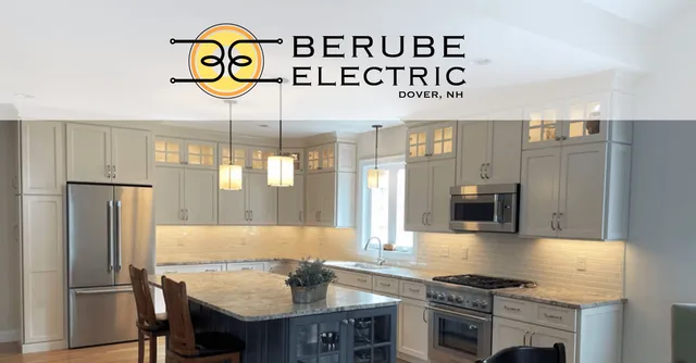 Berube Electric logo with lighted kitchen photo