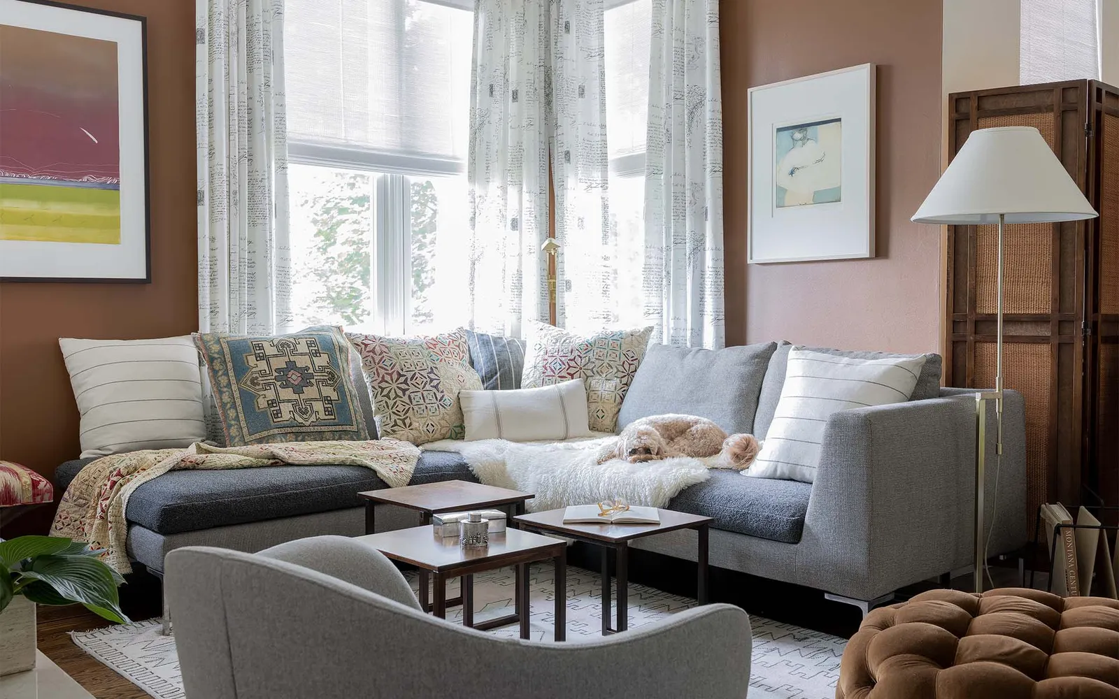 A living room filled with furniture and a dog laying on the couch