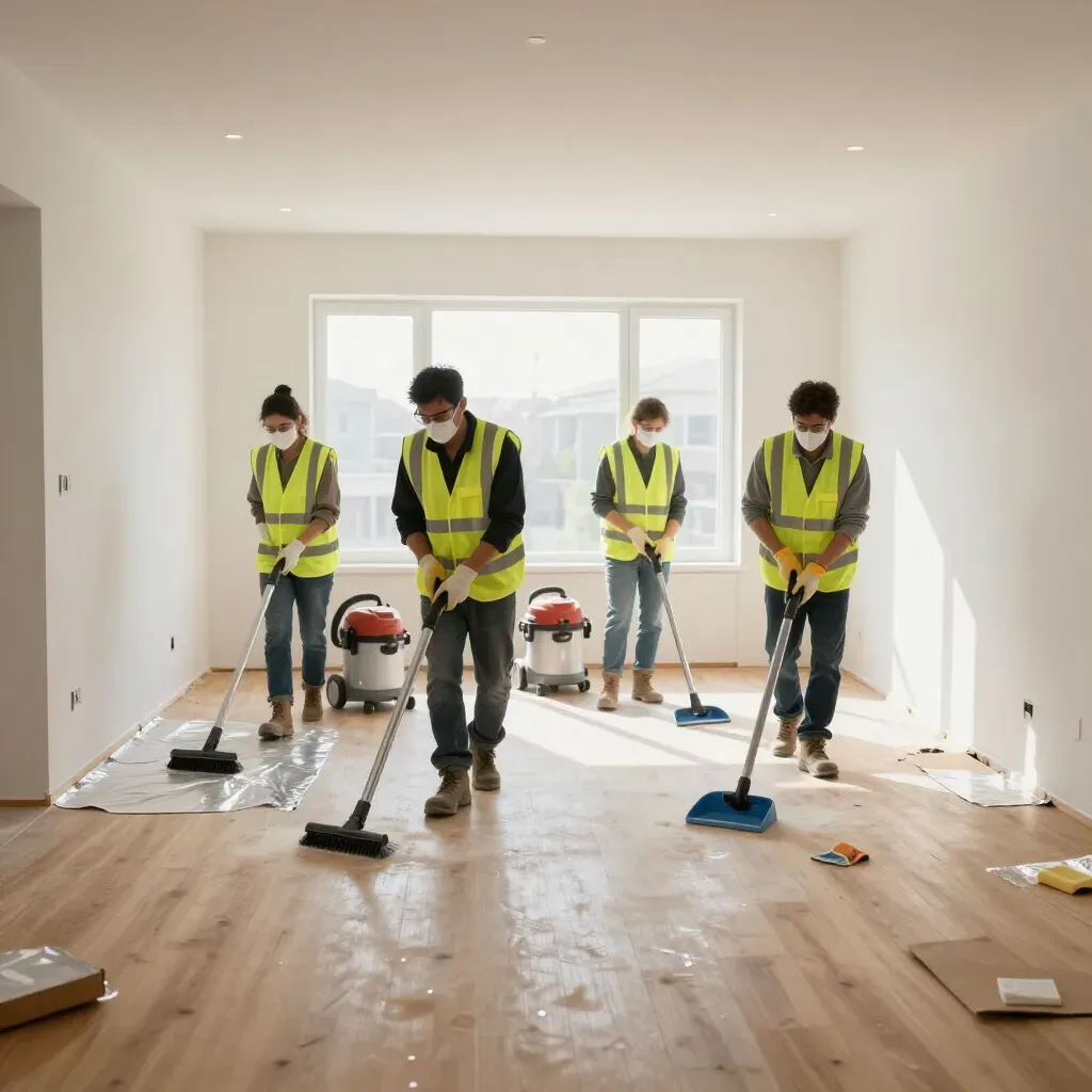 Post construction cleanup in a newly finished interior space.