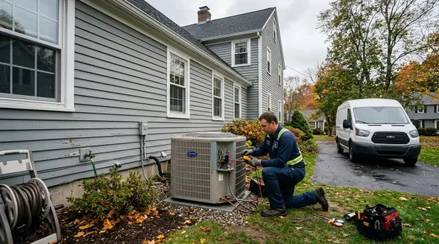 Technician servicing an outdoor air conditioner beside a Bridgeport, Connecticut home