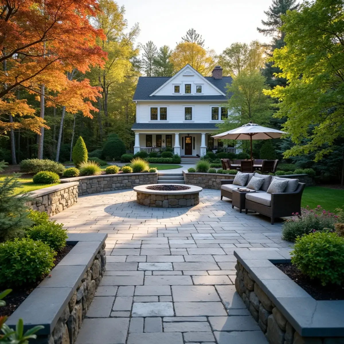 Custom paver patio and stone retaining wall in a Wellesley, MA backyard by Inova Outdoor Living Experts