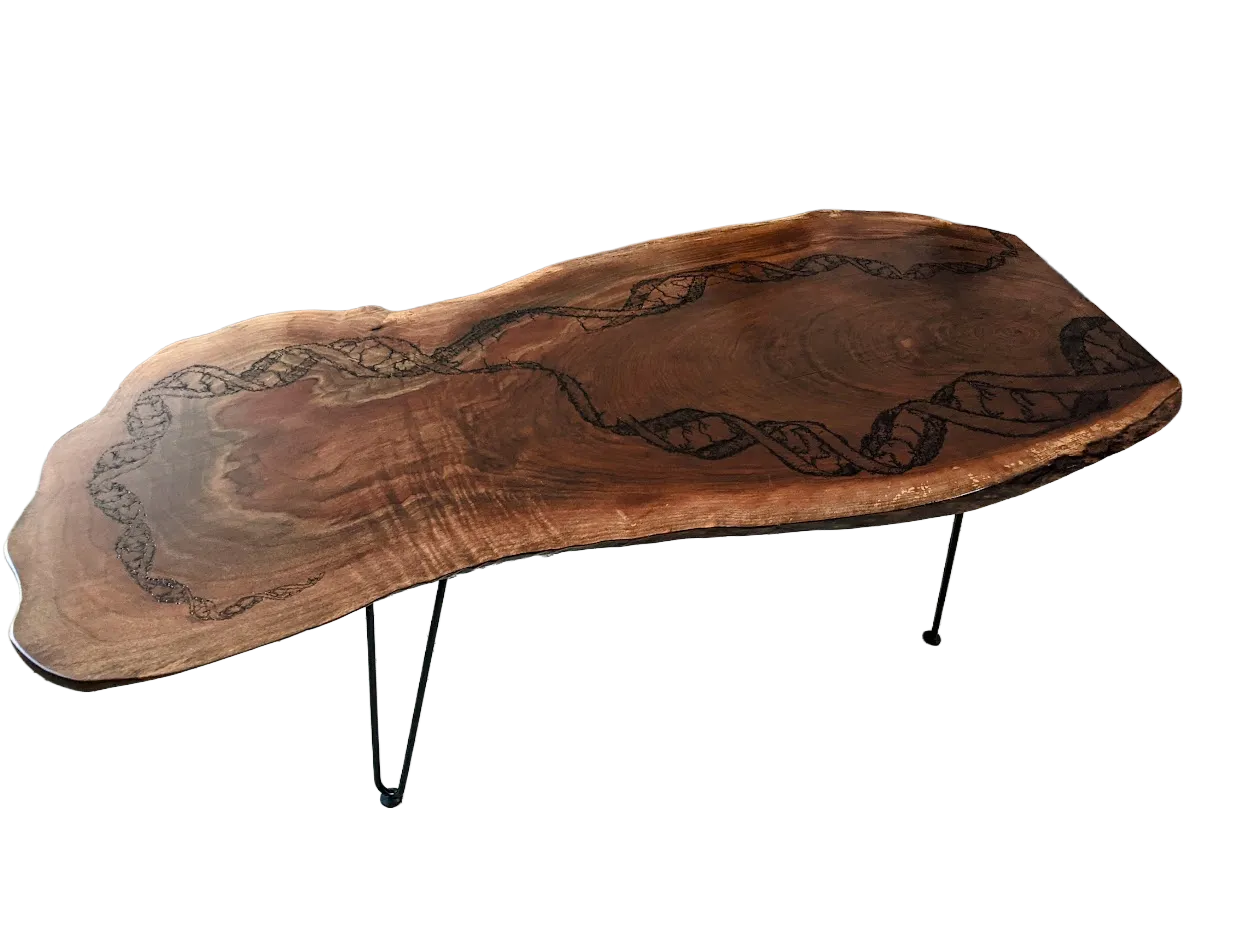 Live-edge coffee table with woodburned DNA