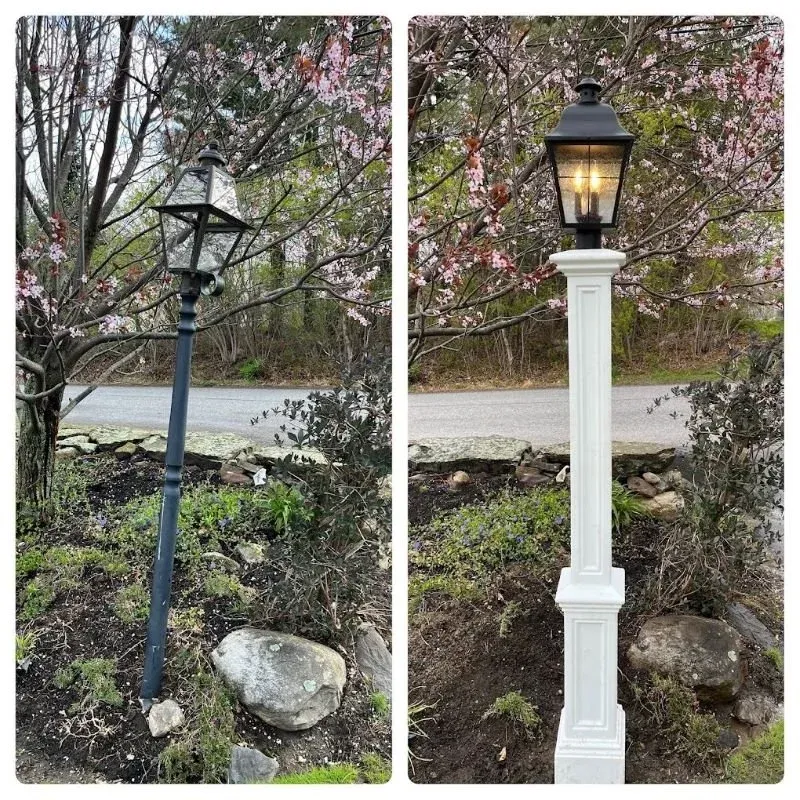 side by side before and after images of a light post that was removed and replaced with a beautiful new white and black light post