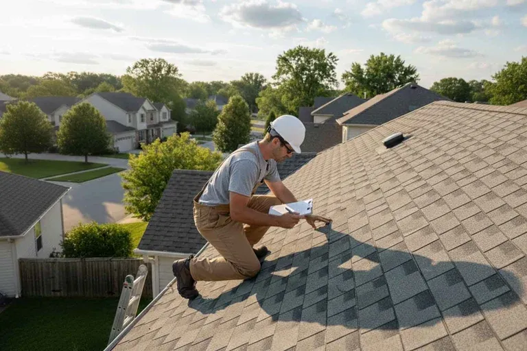 Roofer inspecting asphalt shingles on residential roof with suburban neighborhood visible below