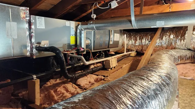 HVAC system and ductwork in an attic, with insulation and wooden supports visible.