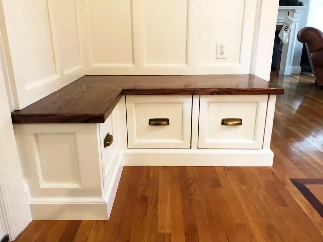A detail of the bench and drawers