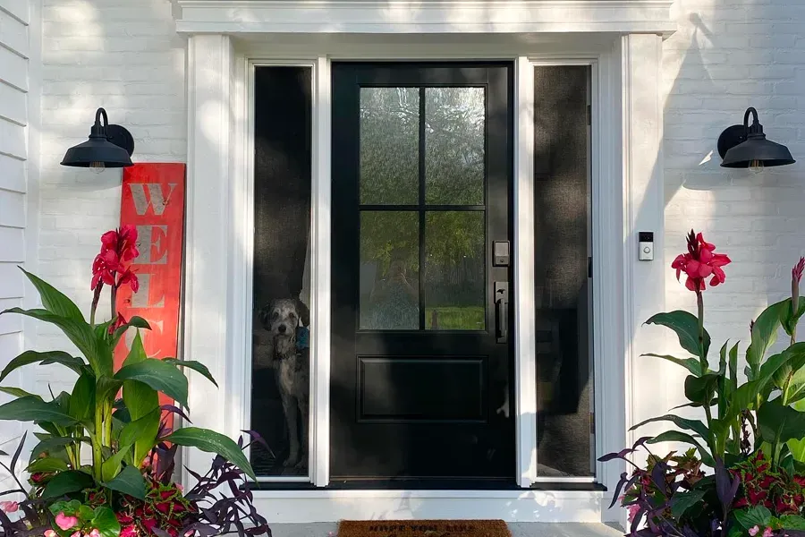 A dog is standing in front of a black door in a white house.
