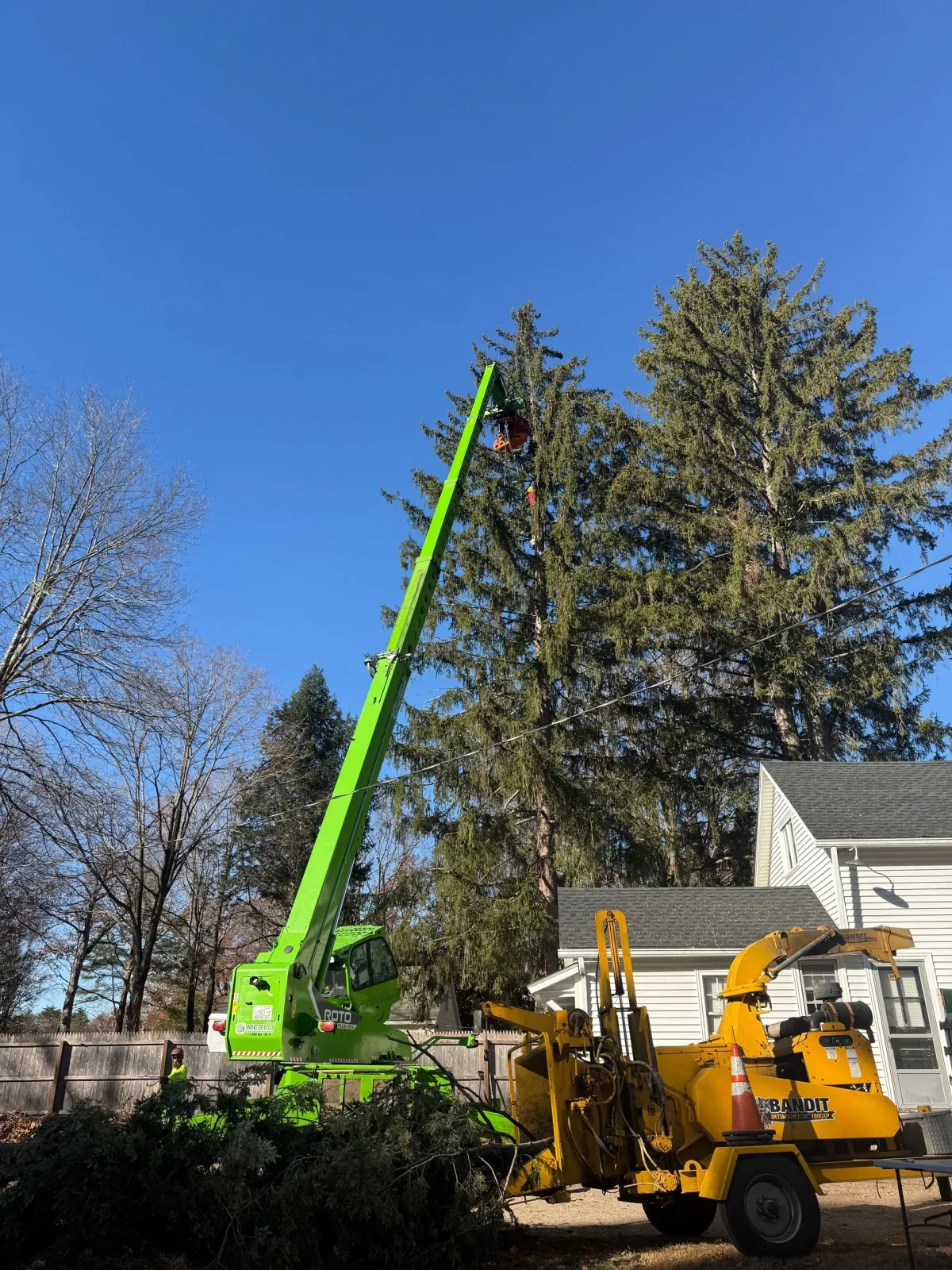 A green crane is cutting a tree in front of a house.