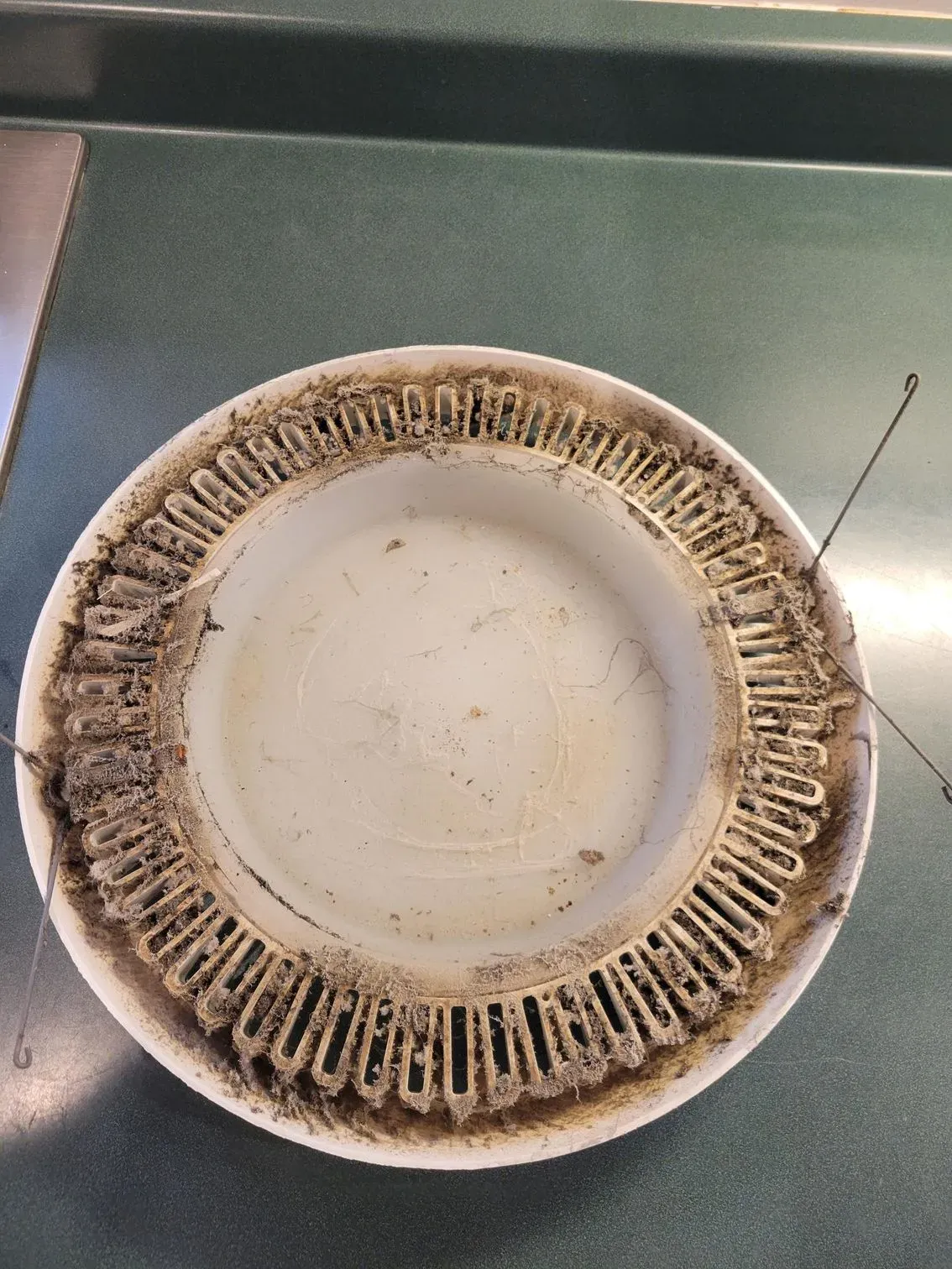 White ceramic plate with a dirty, slotted rim and two wires.