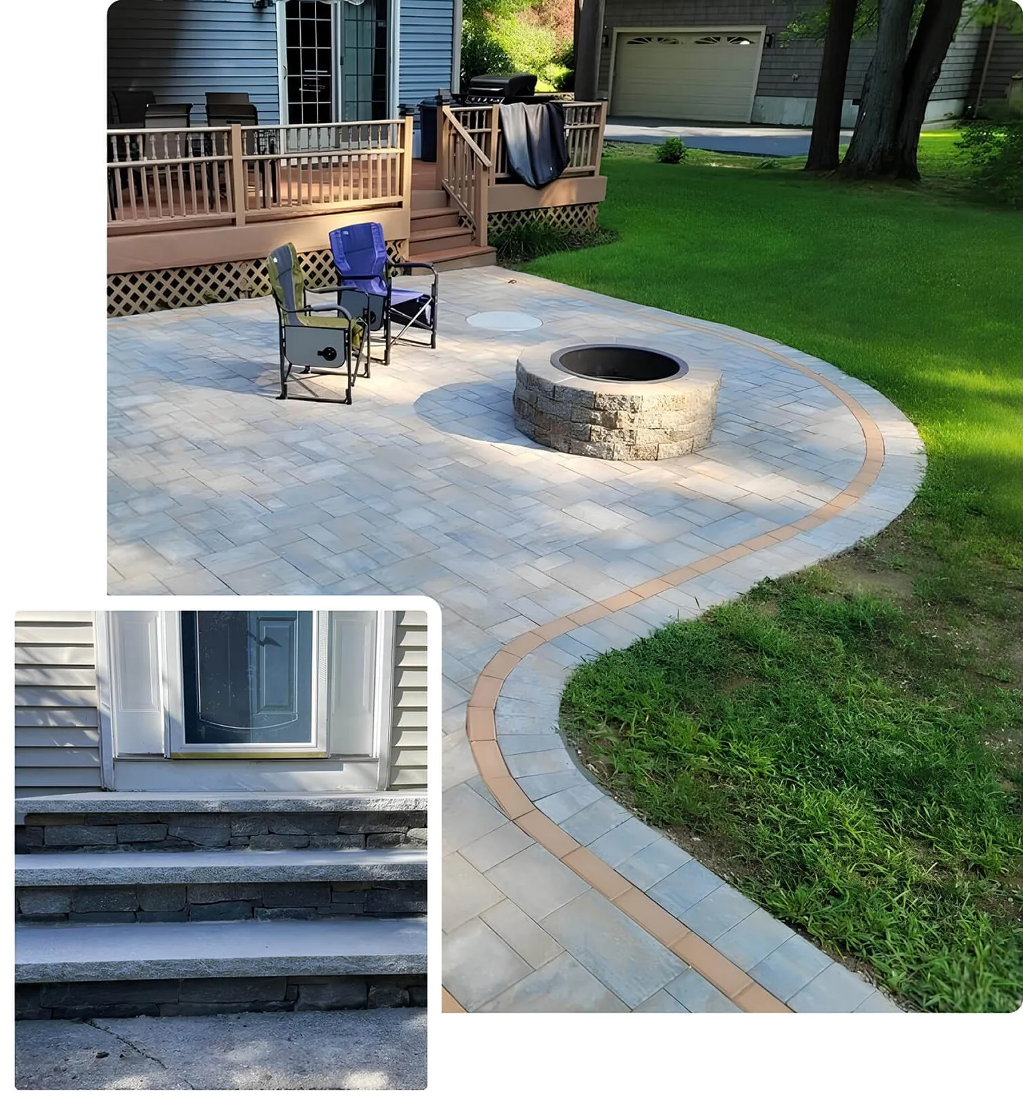 Residential landscaping A backyard patio with gray pavers, a stone fire pit, and outdoor chairs. An inset shows a close-up of three concrete steps leading to a door on the house. The patio is bordered with tan pavers and grass.