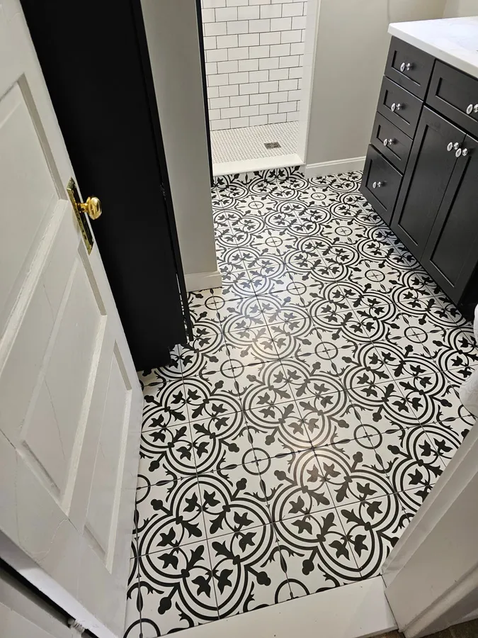 Chelmsford bathroom patterned tile floor, after
