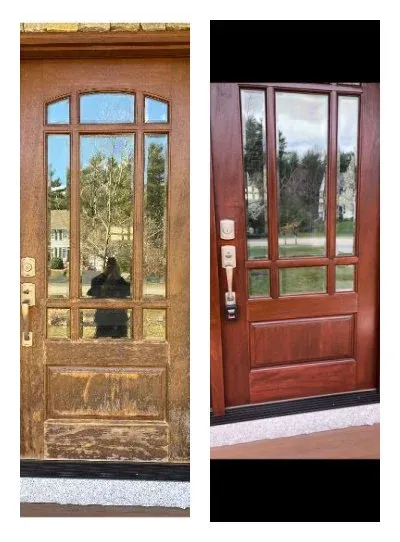 Side-by-side comparison of an old and a newly refinished wooden front door with glass panels.