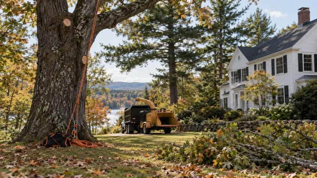 Mature trees and tree-care equipment beside a white New Hampshire home
