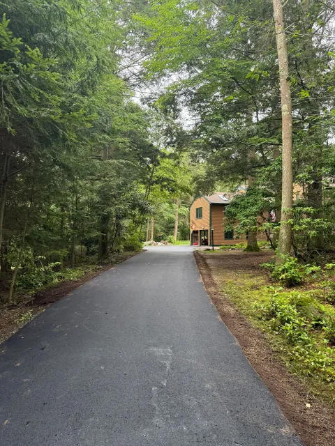 Asphalt driveway through trees leading to a wooden house. Green foliage lines the sides.