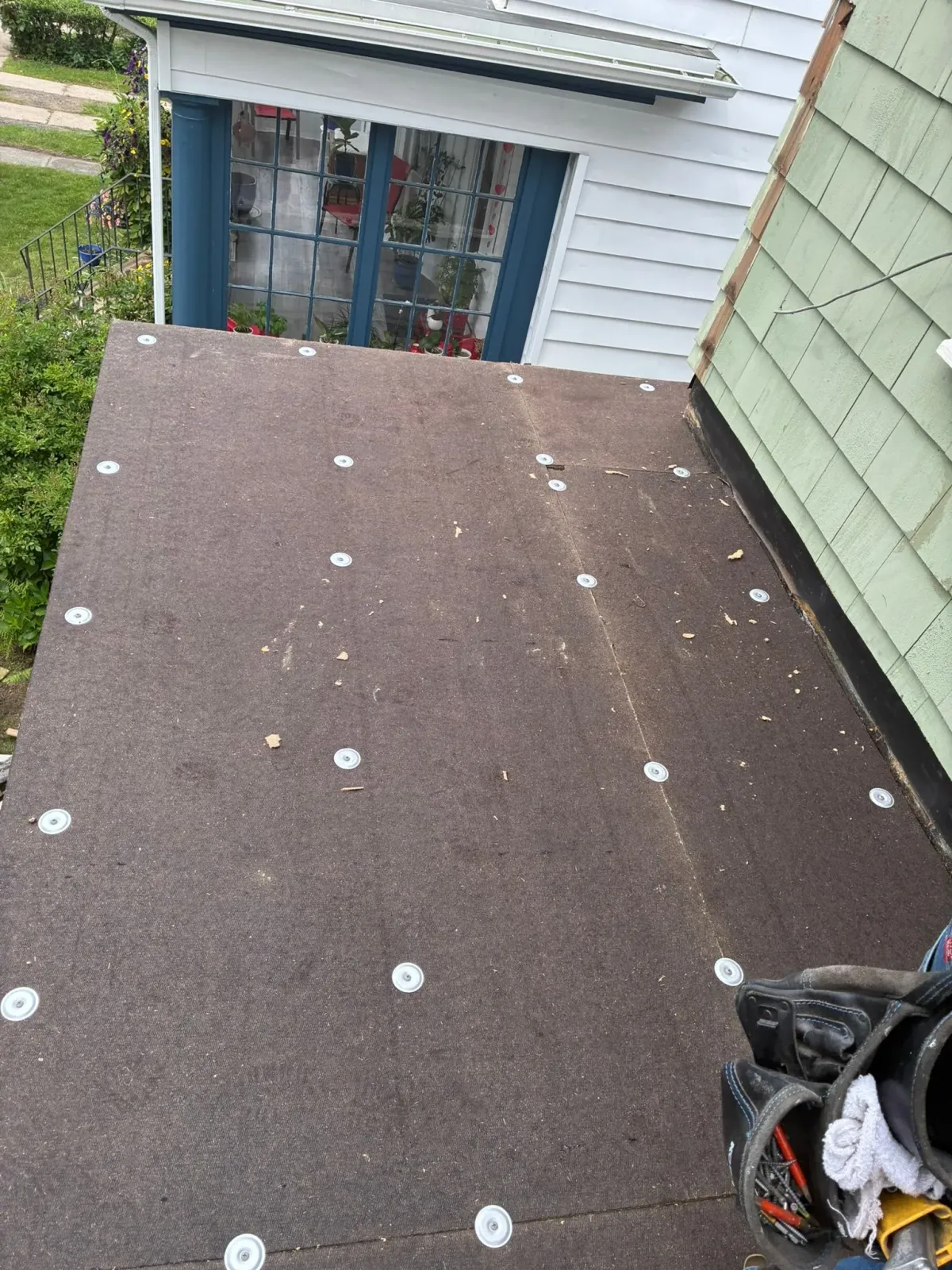 Flat roof with brown roofing and white fasteners beside a house and window well.