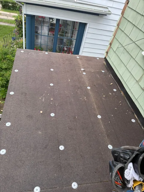 Flat roof with brown roofing and white fasteners beside a house and window well.