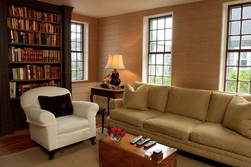 Sitting room with custom built-in bookcase