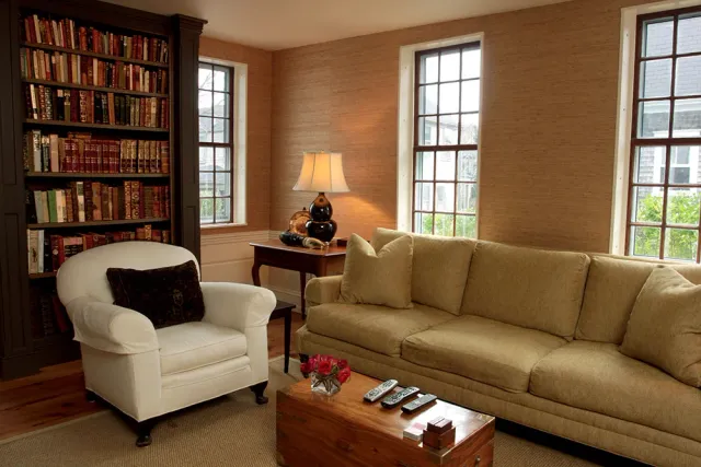 Sitting room with custom built-in bookcase