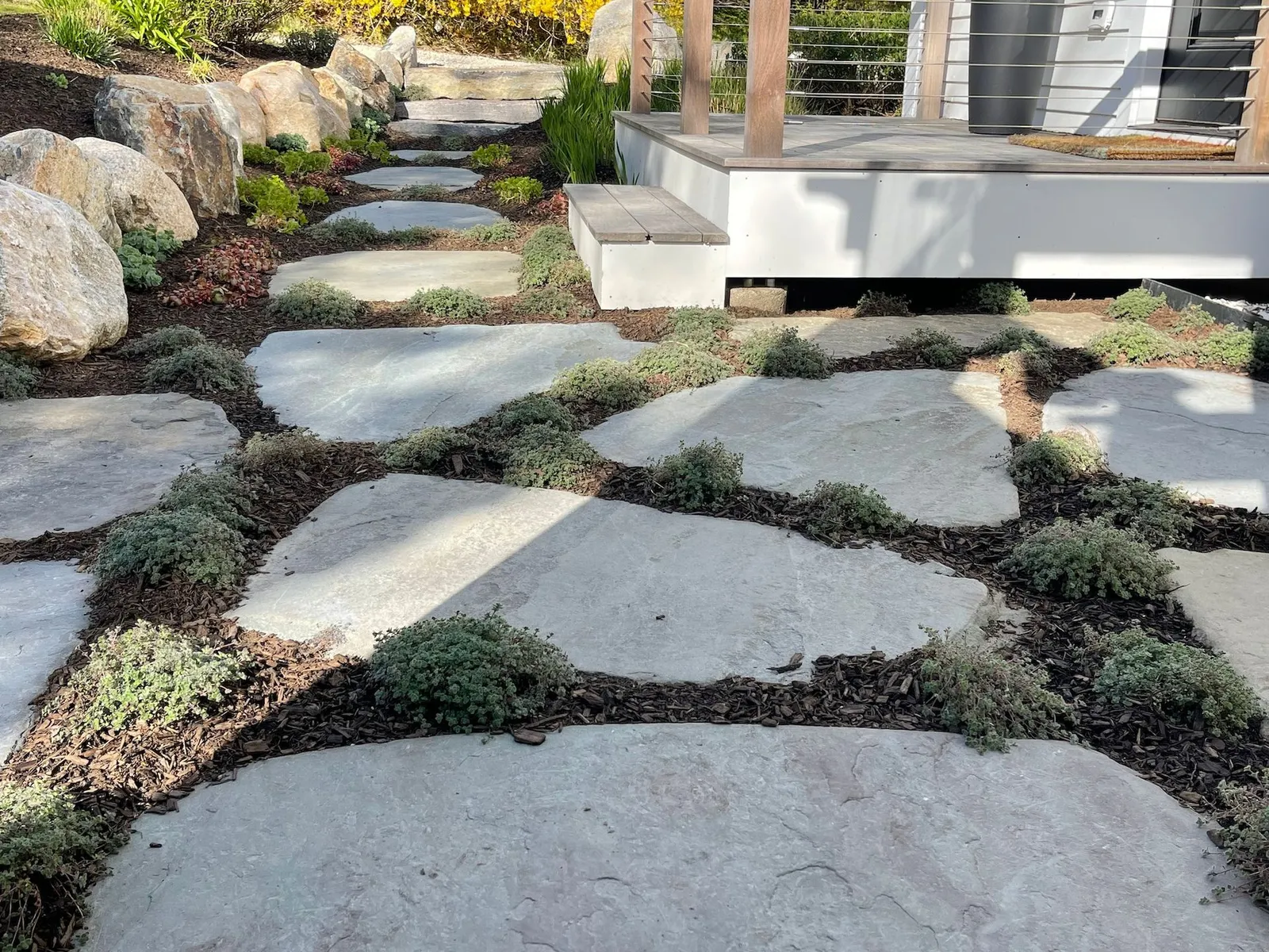 A stone walkway leading to a house with rocks and plants