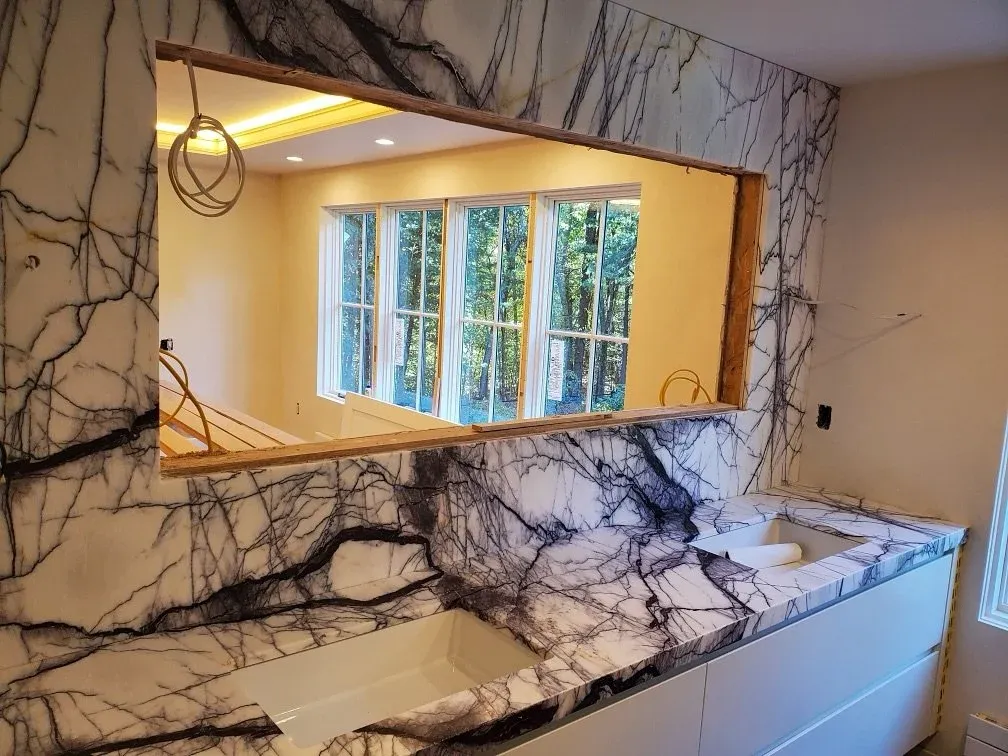 Gorgeous purple marble vanity install by @onyxmarblegranite !!! We cannot wait to see this finished primary bathroom 💜
&bull;
&bull;
&bull;
&bull;
&bull;
#artoftileandstone #wellesley #allstone #calacatta #viola #newstone #marbletile #tiledesign #lu