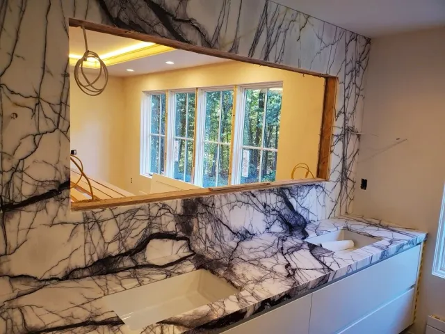 Gorgeous purple marble vanity install by @onyxmarblegranite !!! We cannot wait to see this finished primary bathroom 💜
&bull;
&bull;
&bull;
&bull;
&bull;
#artoftileandstone #wellesley #allstone #calacatta #viola #newstone #marbletile #tiledesign #lu