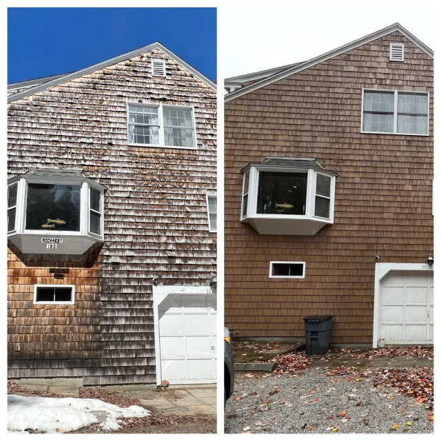 Exterior cedar shake staining and siding repair for a repeat client in Washington, NH.