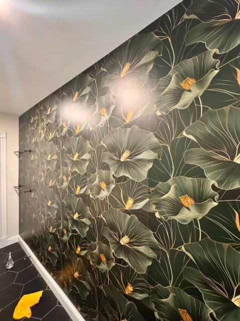Dark floral bathroom wallpaper installation