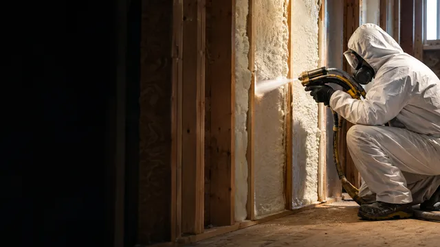 Professional applying spray foam insulation inside a building