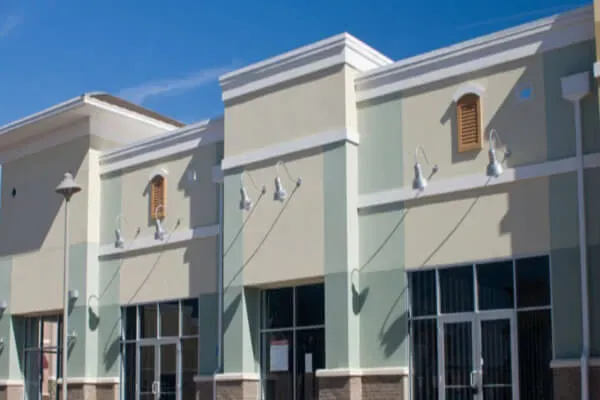 Commercial Painters - Tan and Green Stucco White Trim - Newton MA 600x400 Comp